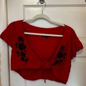 Red front tie top embroidered